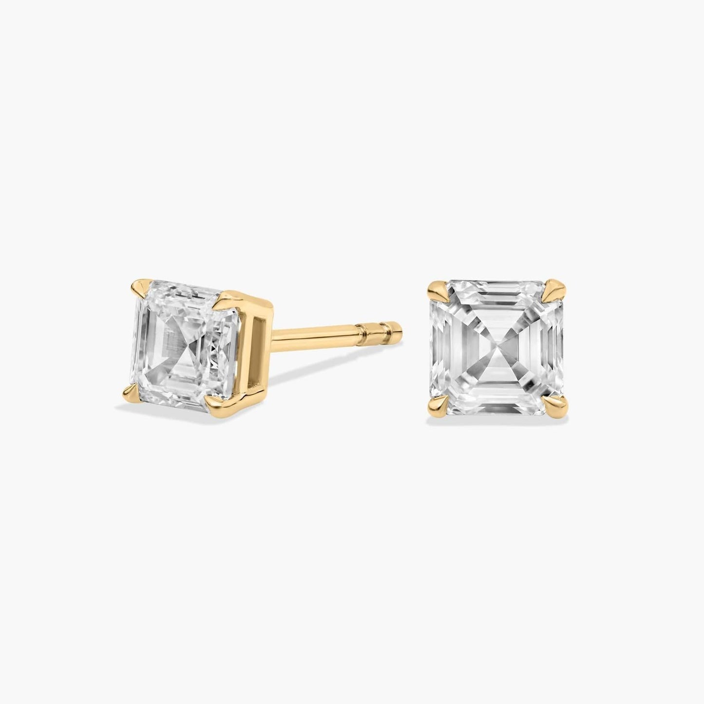Asscher Cut Diamond Solitaire Stud Earrings in Yellow Gold