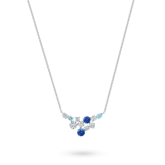 Blue Sapphire and Diamond Cluster Pendant Necklace in Silver