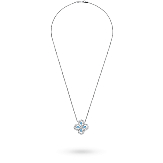 Blue Gem Floral Diamond Cluster Pendant Necklace in Silver