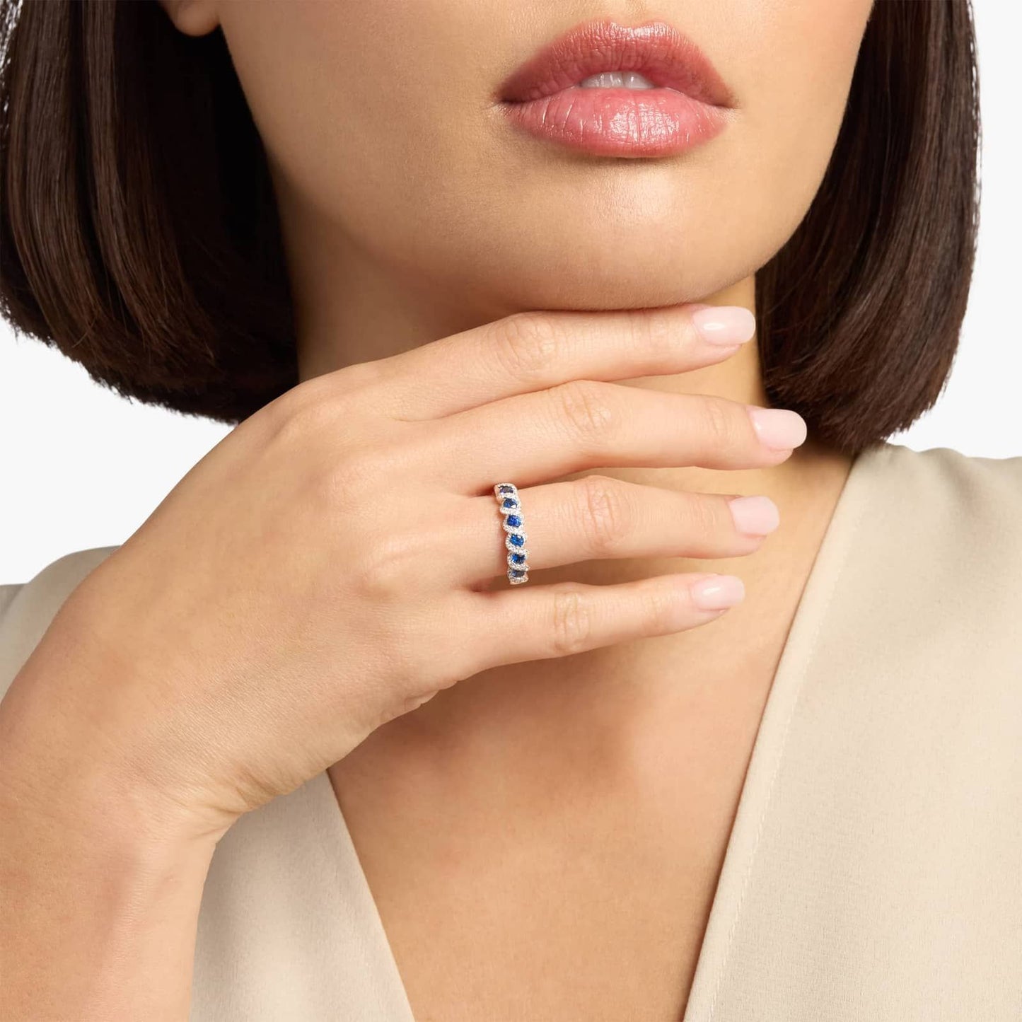 Blue Stone Halo Silver Band Ring