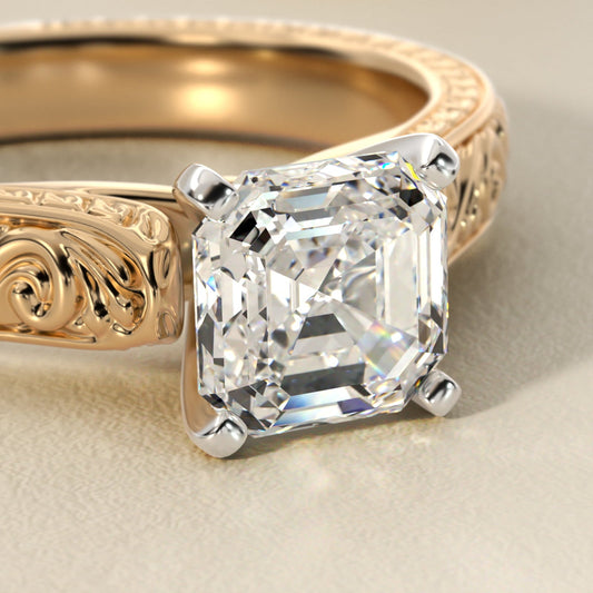 Asscher Cut Diamond Solitaire Ring in Yellow Gold with Hand Engraved Vintage Band