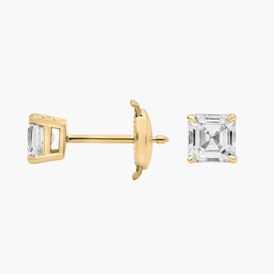 Asscher Cut Diamond Solitaire Stud Earrings in Yellow Gold