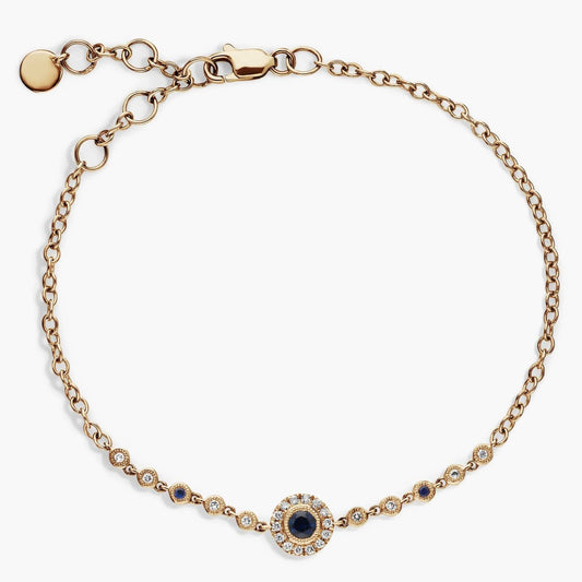 Blue Sapphire and Diamond Halo Chain Bracelet in Yellow Gold