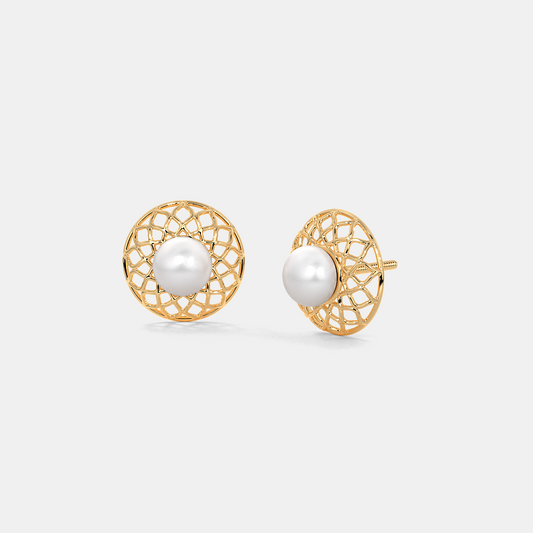 Silver Lattice Pearl Stud Earrings