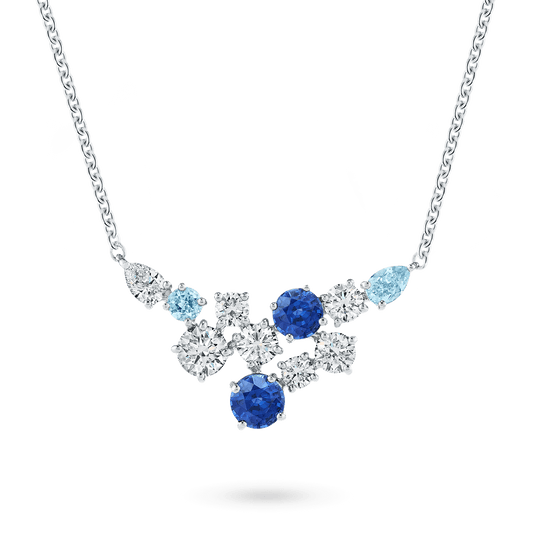 Blue Sapphire and Diamond Cluster Pendant Necklace in Silver