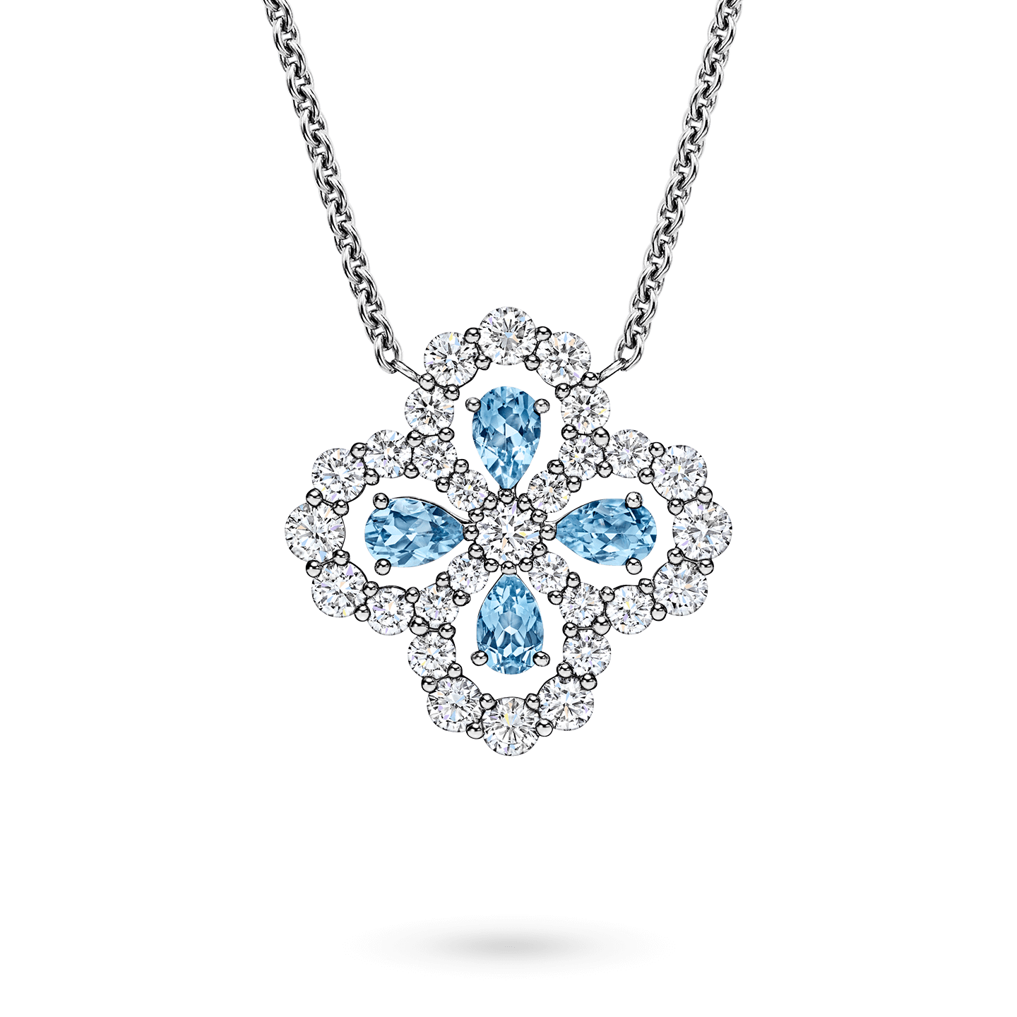 Blue Gem Floral Diamond Cluster Pendant Necklace in Silver