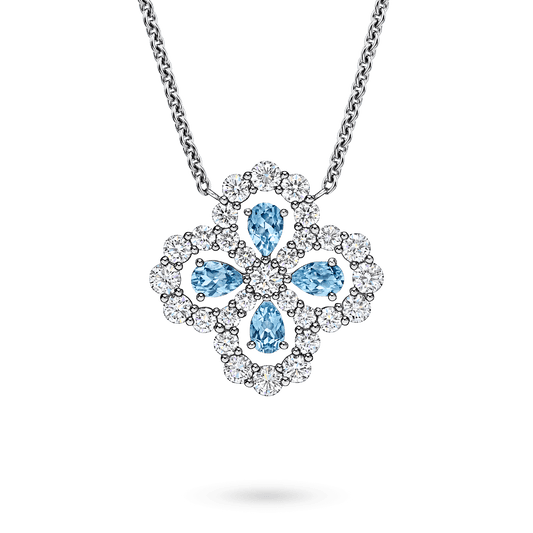 Blue Gem Floral Diamond Cluster Pendant Necklace in Silver