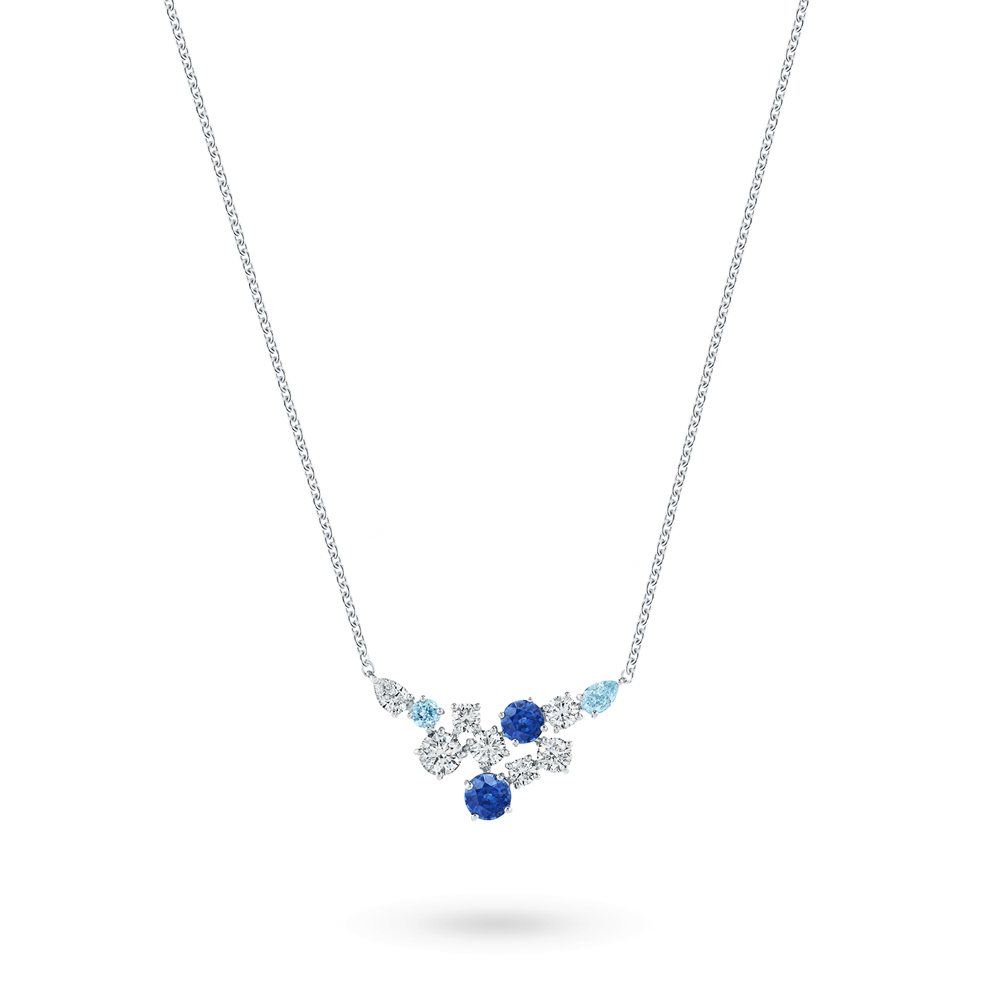 Blue Sapphire and Diamond Cluster Pendant Necklace in Silver