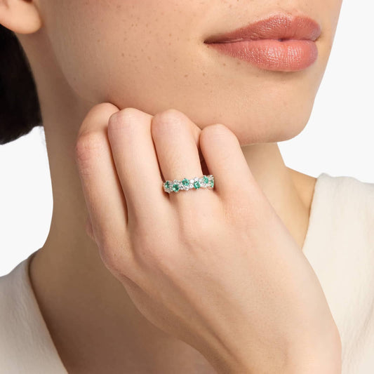 Sterling Silver Emerald Diamond Alternating Stone Band Ring