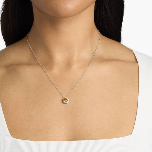 Sterling Silver Citrine Diamond Halo Pendant Chain Necklace