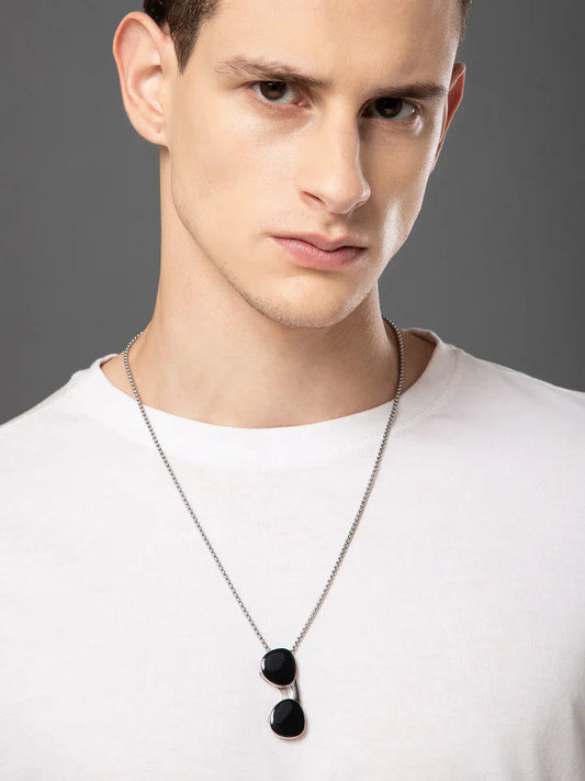Sterling Silver Double Black Onyx Pendant Chain Necklace